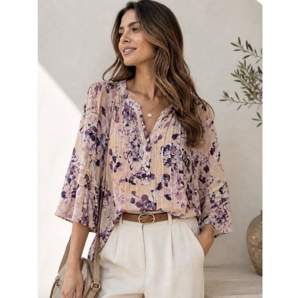 J. Jill Size-L Womens Pintucked Bell Sleeve Floral Blouse Purple Peach